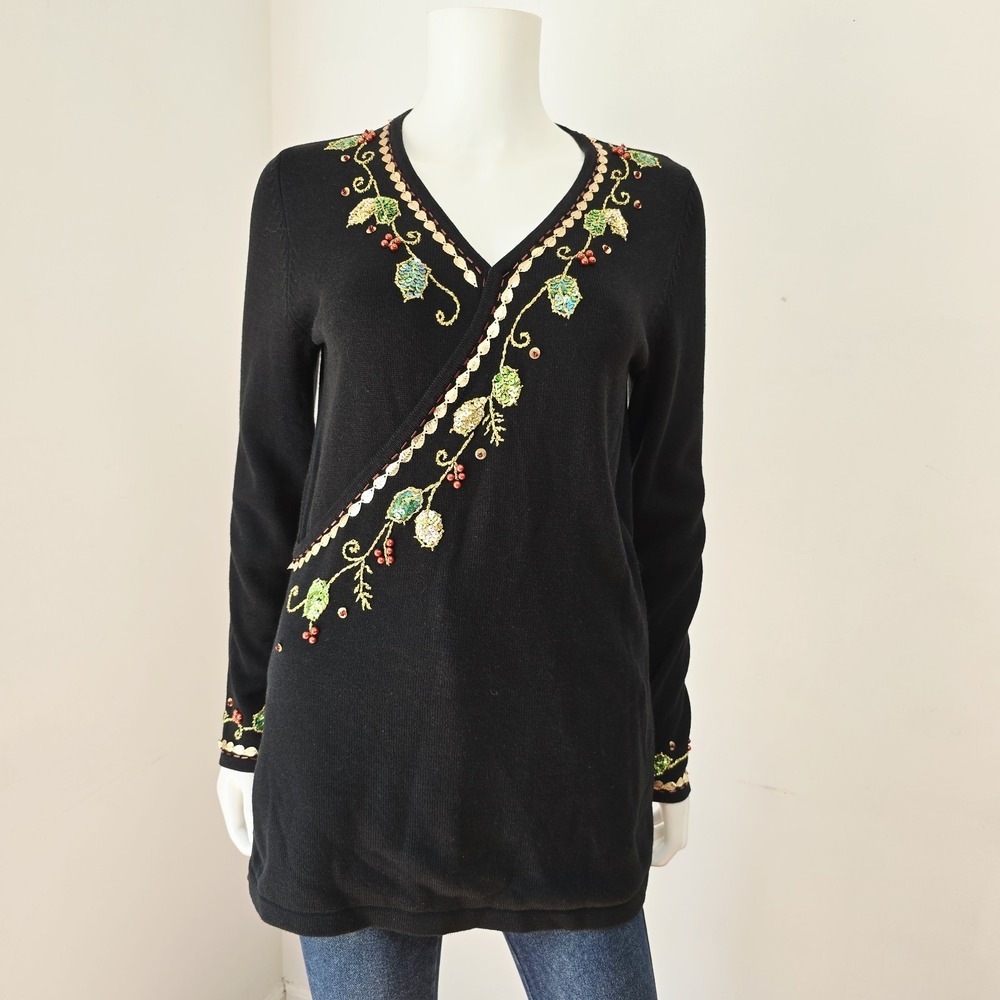 Storybook Knits Holiday Decor Crossover Sweater Top V-neck Embellished Size S